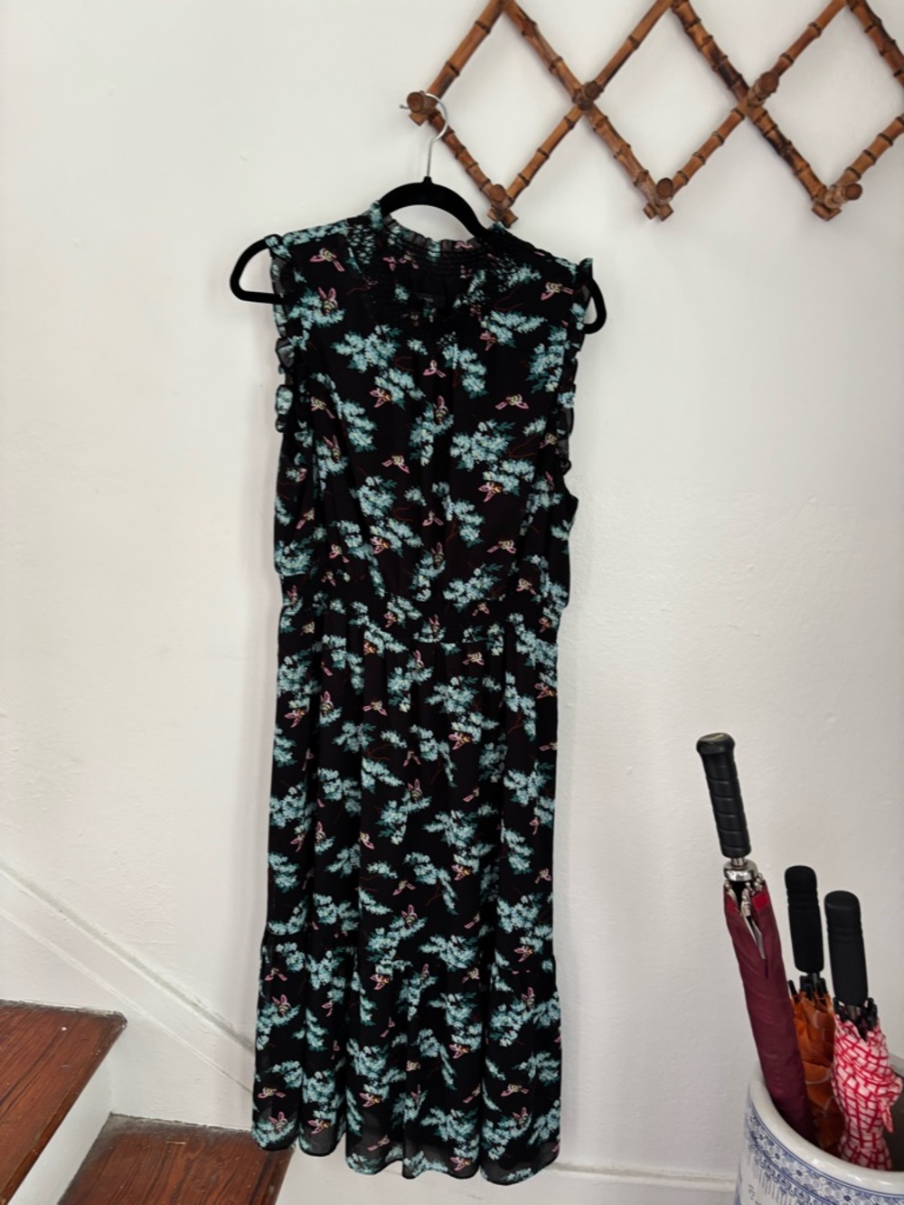 J. Crew Black Midi Dress with Mint and Pink Floral Print